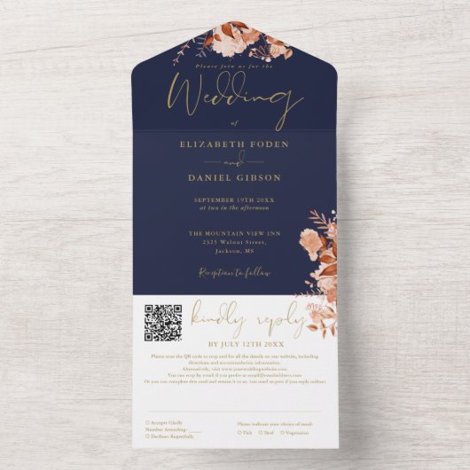 Navy blauw en goud rustieke bloemen QR code bruilo All In One Uitnodiging (Binnen)