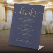 Navy blauw en goud script bruiloft Drinken menu Reclamebord Met Voetstuk