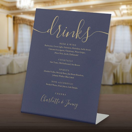 Navy blauw en goud script bruiloft Drinken menu Reclamebord Met Voetstuk