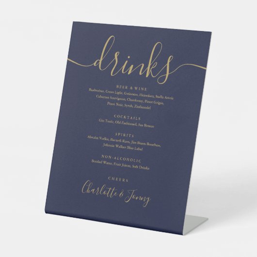 Navy blauw en goud script bruiloft Drinken menu Reclamebord Met Voetstuk (Voorkant)