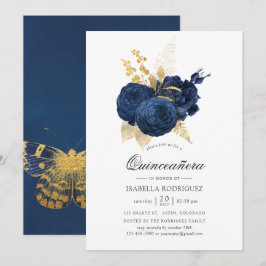 Navy blauw en goud vintage roos Quinceañera Kaart