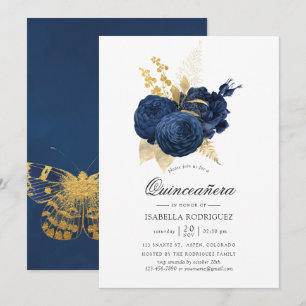 Navy blauw en goud vintage roos Quinceañera Kaart