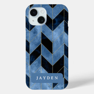 Navy Blauw en Goud visgraat Custom Name iPhone 15 Case
