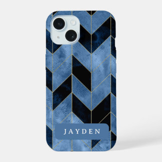 Navy Blauw en Goud visgraat Custom Name iPhone 15 Case