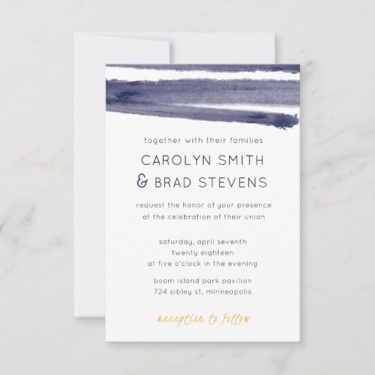 Navy blauw en goud Waterverf gestreepte bruiloft Kaart (Voorkant)