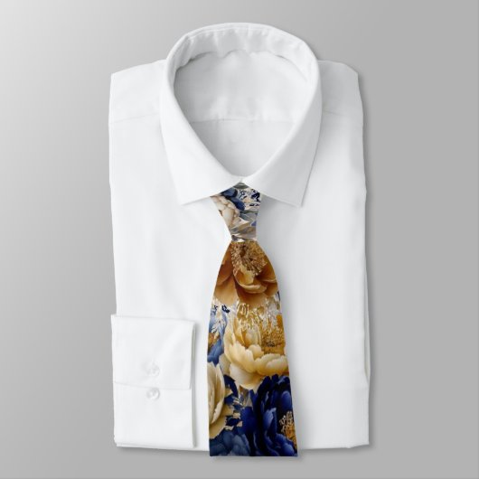 Navy Blauw en Goud Waterverf Pioenbruiloftsbruideg Stropdas (Gebonden)