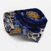 Navy Blauw en Goud Waterverf Pioenbruiloftsbruideg Stropdas (Opgerold)