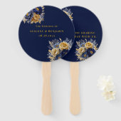 Navy Blauw en Goud Waterverf Pioenenbruiloft Handwaaier (Voorkant en achterkant)