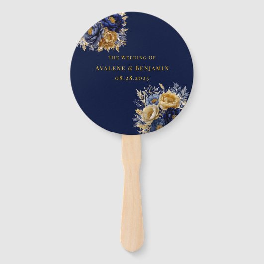 Navy Blauw en Goud Waterverf Pioenenbruiloft Handwaaier (Voorkant)