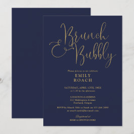 Navy-blauw en gouden brunch en bubbels bruidsfeest kaart