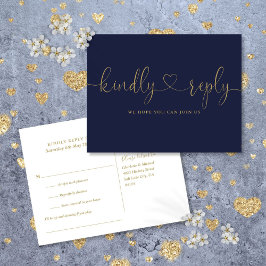 Navy Blauw en Gouden Hart Script Lied Verzoek RSVP Uitnodiging Briefkaart