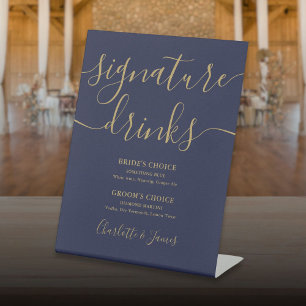 Navy blauw en gouden script bruiloft handtekening  reclamebord met voetstuk