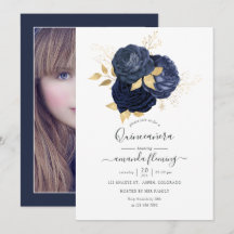 Navy-blauw en gouden vintage roos Quinceañera-foto