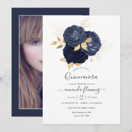 Navy-blauw en gouden vintage roos Quinceañera-foto Kaart