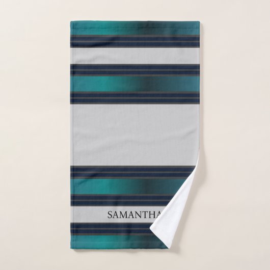 Navy blauw en grijs geometrische strepen naam bad handdoek (Handdoek)