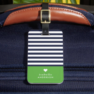 Navy blauw en groen chique strepen hart monogram bagagelabel