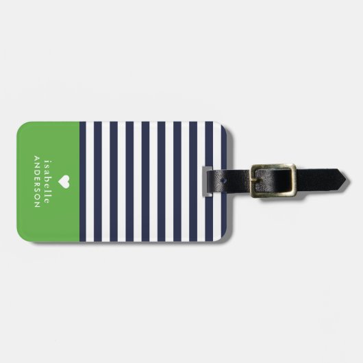 Navy blauw en groen chique strepen hart monogram bagagelabel (Voorkant horizontaal)