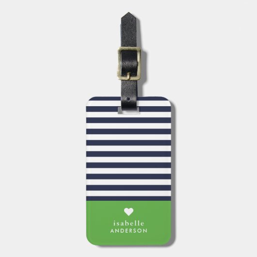 Navy blauw en groen chique strepen hart monogram bagagelabel (Voorkant verticaal)