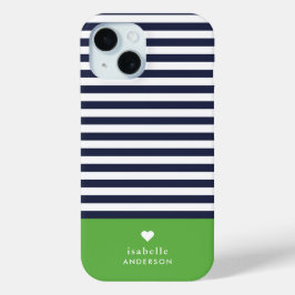 Navy blauw en groen chique strepen hart monogram iPhone 15 case