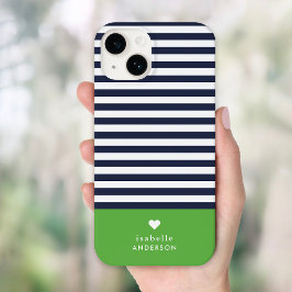 Navy blauw en groen chique strepen hart monogram Case-Mate iPhone 14 hoesje