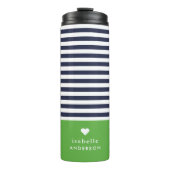 Navy blauw en groen chique strepen hart monogram thermosbeker (Voorkant)