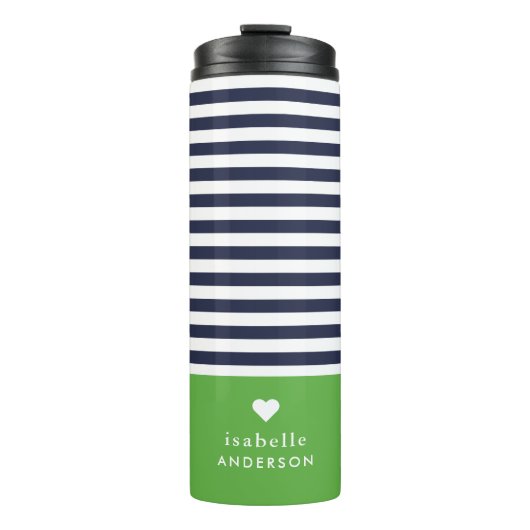 Navy blauw en groen chique strepen hart monogram thermosbeker (Voorkant)