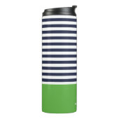 Navy blauw en groen chique strepen hart monogram thermosbeker (Gedraaid links)