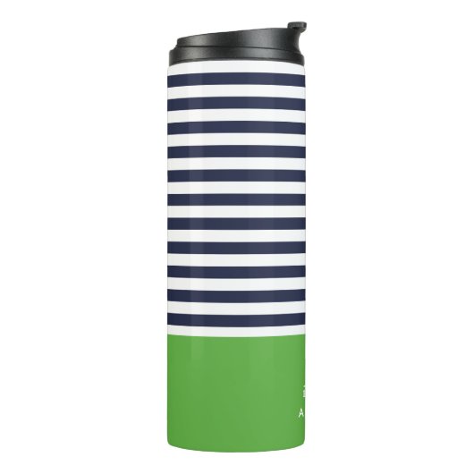 Navy blauw en groen chique strepen hart monogram thermosbeker (Gedraaid links)