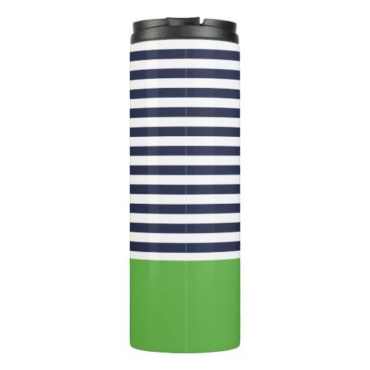 Navy blauw en groen chique strepen hart monogram thermosbeker (Achterkant)