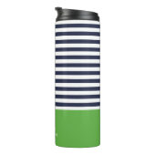 Navy blauw en groen chique strepen hart monogram thermosbeker (Geroteerd rechts)