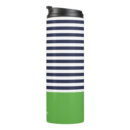 Navy blauw en groen chique strepen hart monogram thermosbeker (Geroteerd rechts)