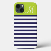 Navy Blauw en Groen Preppy Strepen Monogram Case-Mate iPhone Case (Achterkant)
