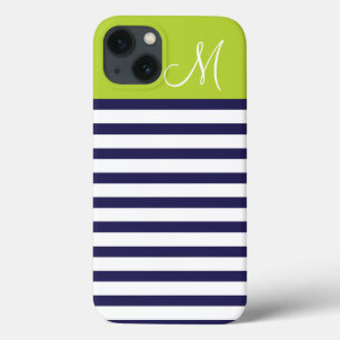 Navy Blauw en Groen Preppy Strepen Monogram iPhone 13 Hoesje