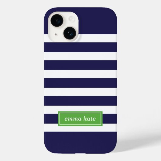 Navy Blauw en Groen Preppy Strepen Monogram Case-Mate iPhone Case (Achterkant)
