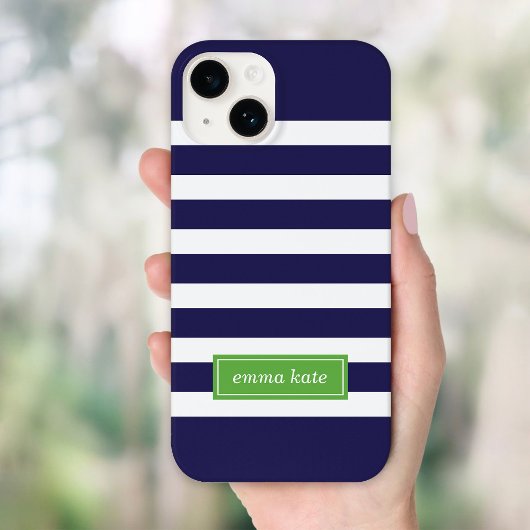 Navy Blauw en Groen Preppy Strepen Monogram Case-Mate iPhone Case