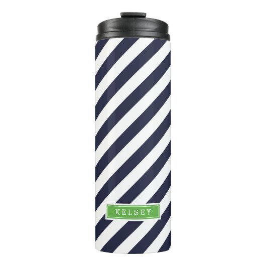 Navy Blauw en Groen Preppy Strepen Monogram Thermosbeker (Voorkant)
