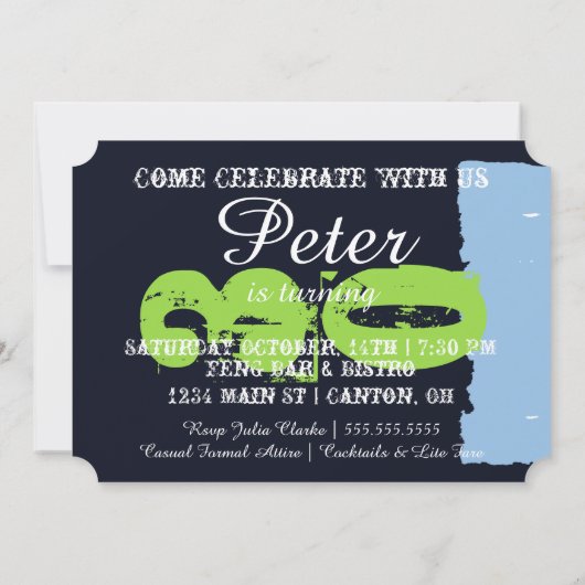 Navy blauw en groen vuil 30e verjaardagsfeest kaart (Achterkant)