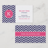 Navy Blauw en Hot Pink Chevron Custom Monogram Visitekaartje (Voorkant / Achterkant)
