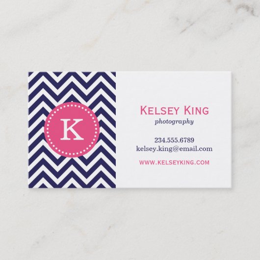 Navy Blauw en Hot Pink Chevron Custom Monogram Visitekaartje (Voorkant)