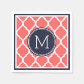 Navy Blauw en koraal Quatrefoil Bruiloft Monogram Servetten (Voorkant)