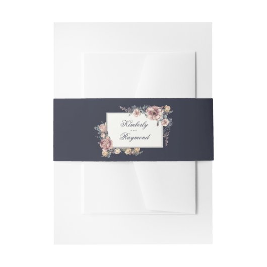 Navy Blauw en Mauve Blush Bloemen Bruiloft Uitnodigingen Wikkel (Voorkant Voorbeeld)