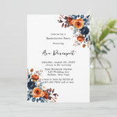 Navy Blauw en Oranje Pioen Bachelorette Party Kaart (Staand voorkant)