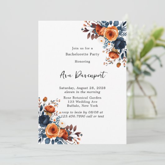 Navy Blauw en Oranje Pioen Bachelorette Party Kaart (Staand voorkant)