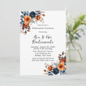 Navy Blauw en Oranje Pioen Bruidsmeisjes Luncheon Kaart (Staand voorkant)