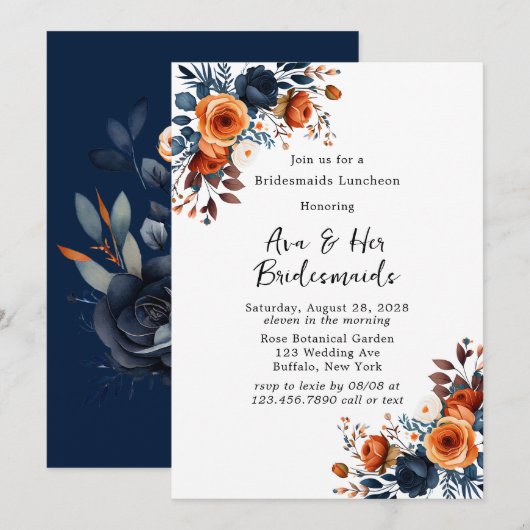 Navy Blauw en Oranje Pioen Bruidsmeisjes Luncheon Kaart (Voorkant / Achterkant)