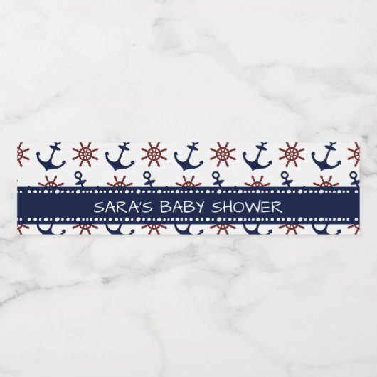 Navy Blauw en rood Ankerroer patroon Nautisch Waterfles Etiket (Enkel label)