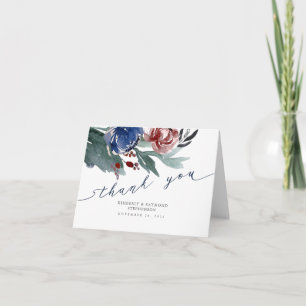 Navy Blauw en Rood Bloemen Krans Bruiloft Dank u Bedankkaart