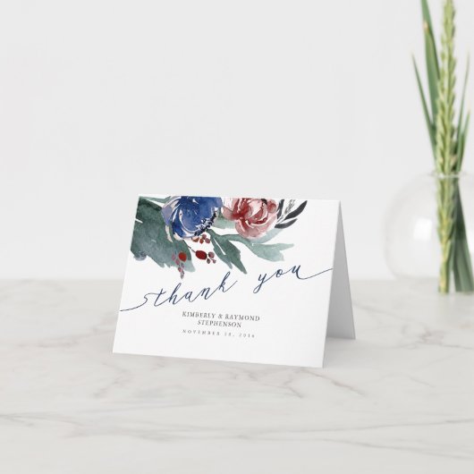 Navy Blauw en Rood Bloemen Krans Bruiloft Dank u Bedankkaart (Voorkant)
