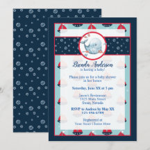 Navy-blauw en rood maritiem jongens babyshower