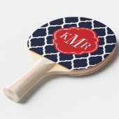 Navy Blauw en Rood Marokkaans Quatrefoil Monogram Tafeltennisbatje (Voorkant Gekanteld)